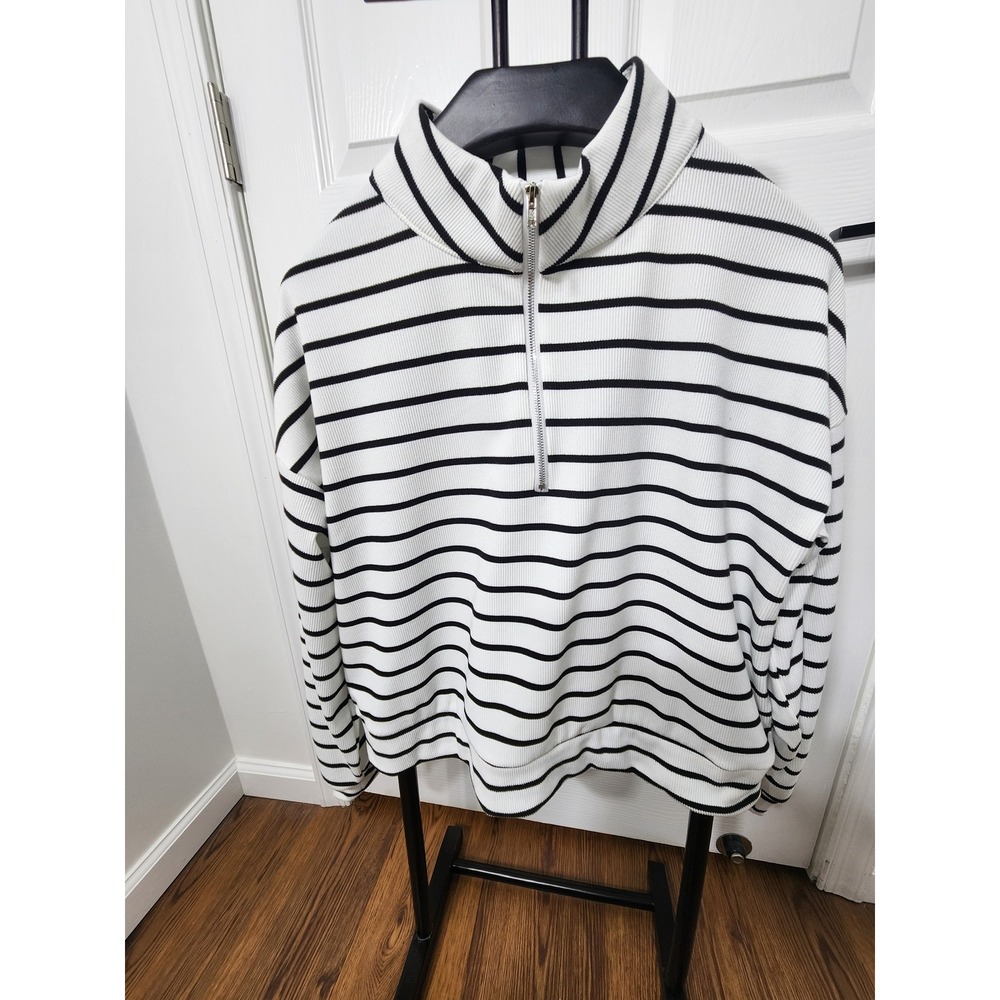Modern Attraction Striped Quarter Zip Pullover Ribbed Mock Neck White Black XL
